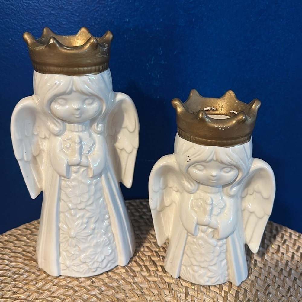 Vintage Set of Two White & Gold Ceramic Christmas Angel Figurines